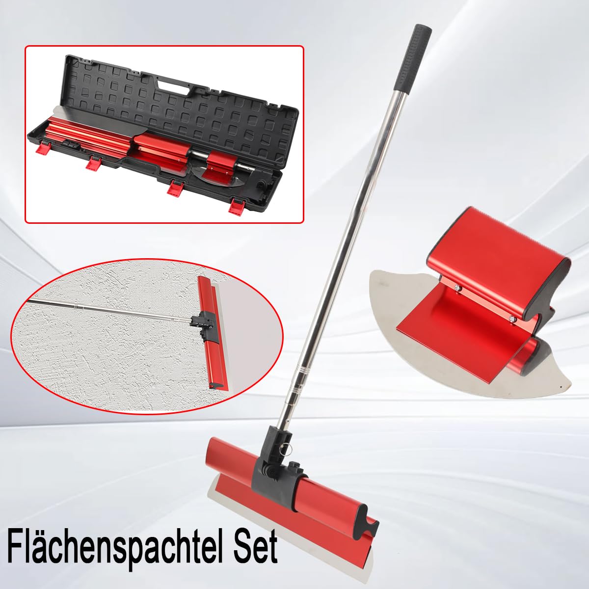 Flächenspachtel Set, 40/60cm Edelstahlklinge Spachtel Werkzeug | mit 90-200cm Ausziehbarer Griff, mit Gekrümmt Flächenspachtel, für Verputzen von Wänden und Decken, im tragbare Koffer