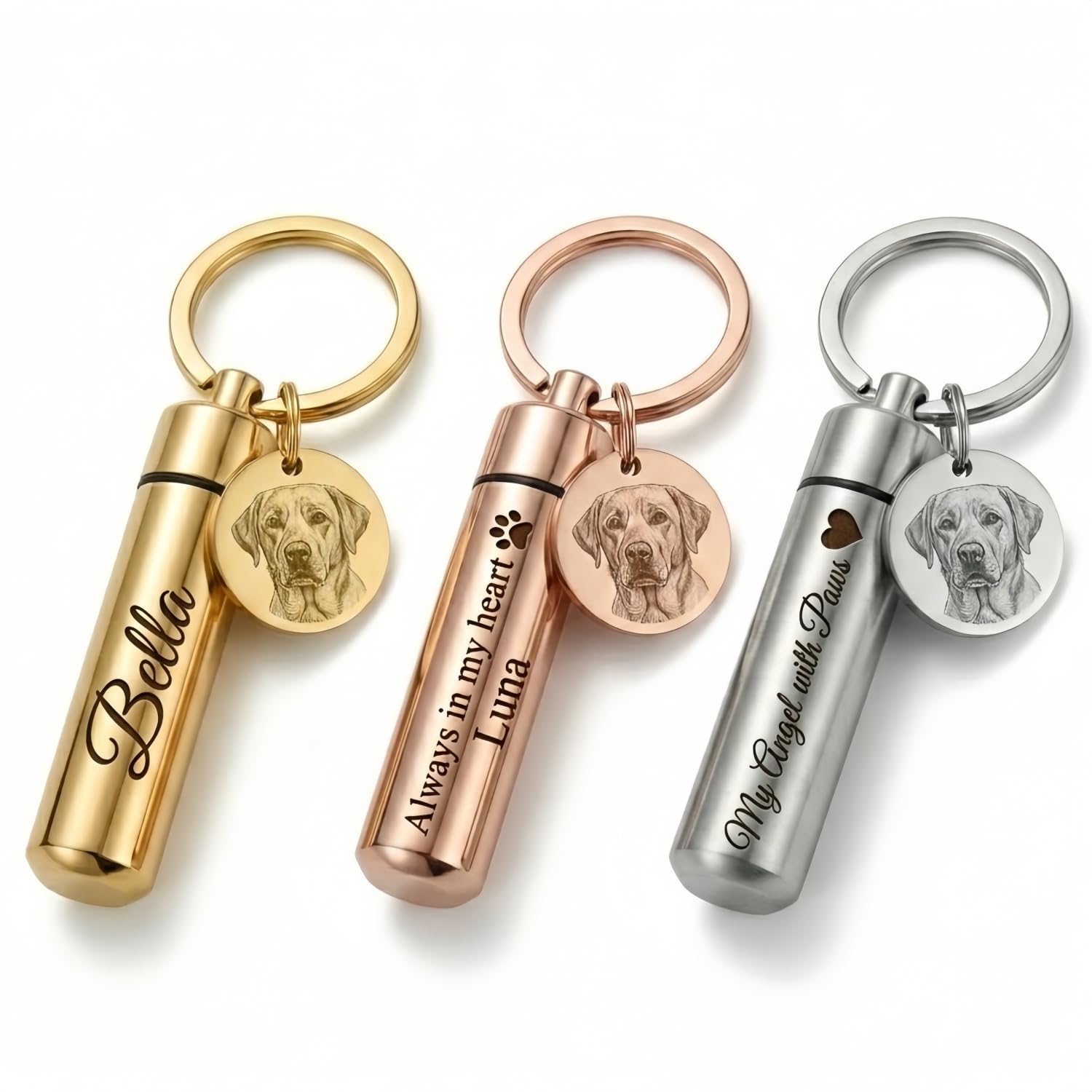 Personalised Pet Memorial Keychain UK Custom Pet Portrait Cremation Keyring for Ashes Waterproof 316L Stainless Steel Urn Deep Laser Engraved Dog & Cat Remembrance Keepsake Silver, Gold, Rose Gold