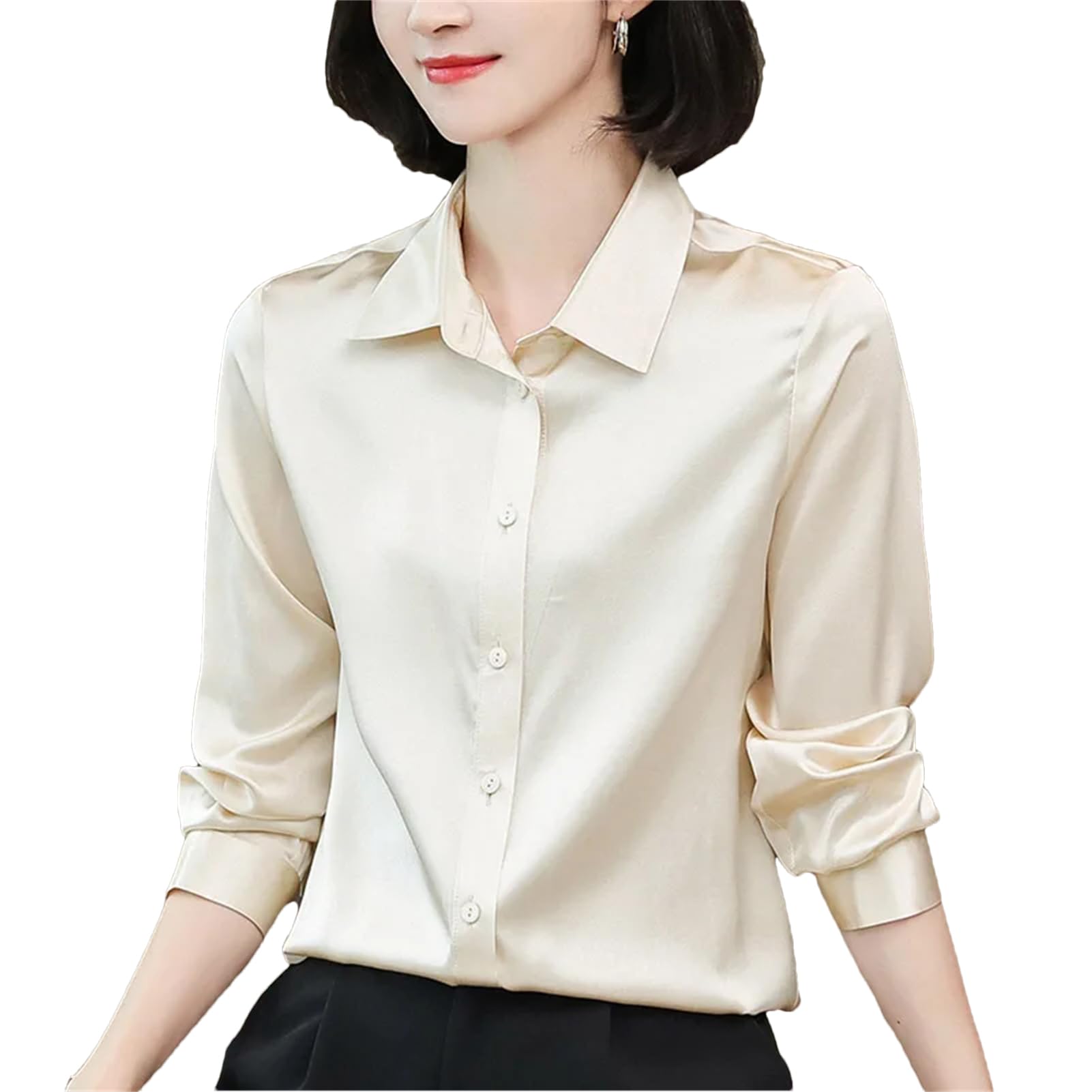 Blusa básica de satén de seda para mujer, cuello vuelto, manga larga, para oficina, trabajo, etc