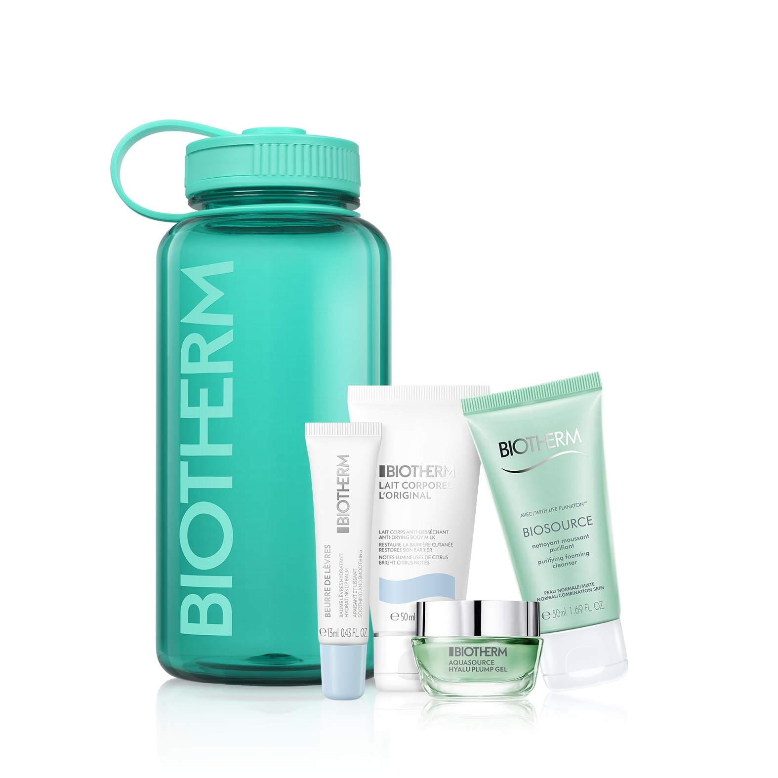 Biotherm The Drop - Aqua Drop for Women, Skin and Body Hydration Essentials for Normal to Oily Skin, Packed in a 1L Recycled, Reusable Plastic Water Bottle, With 4 Body and Skincare Products
