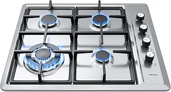 IsEasy Gas Hob with 4 Stainless Steel Burners, 4 Built-In Gas Hobs, Gas Table 60 cm, City Gas and Bottle