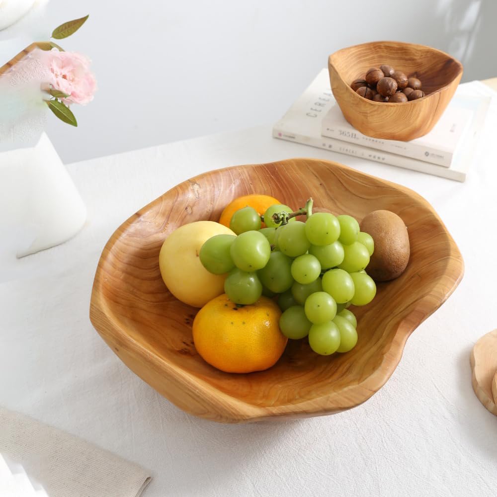 ZGNGLIZ Saladekom van hout, decoratieve houten fruitschaal, handgemaakte natuurlijke houten schaal, onregelmatige salade en fruitschaal voor fruit, salades, snoep en snacks (24-29 cm