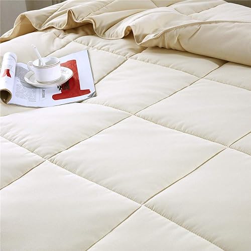 Miniatura 3 de Bedding - Edredón de plumón alternativo de color marfil, manta para todas las estaciones, relleno de fibra súper suave, cosido en caja (marfil,