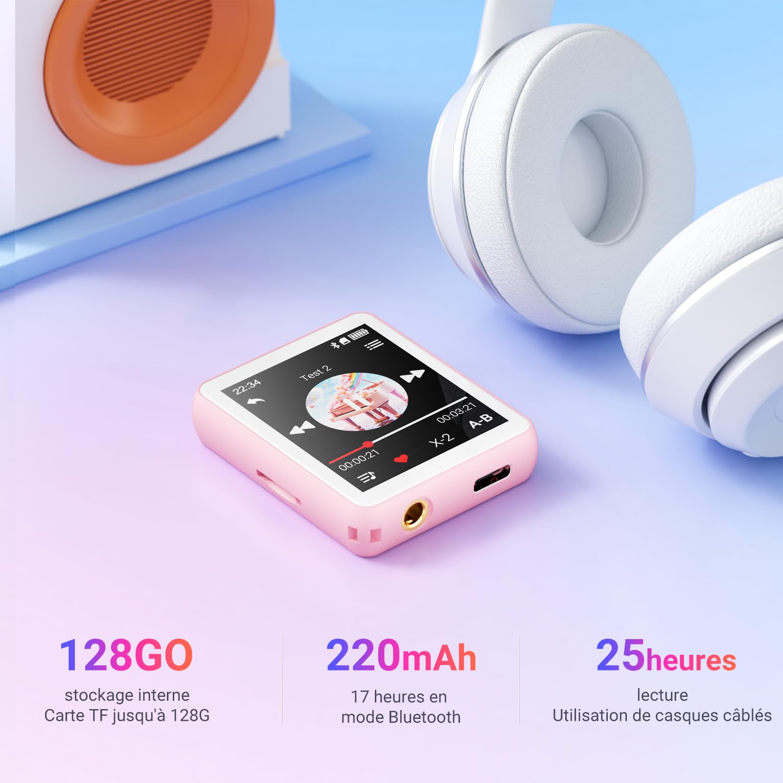 Lecteur MP3 Bluetooth, 128 Go Lecteur de Musique, Haut-Parleur Intégré et Radio FM, Mini écran Tactile de 1,8'' MP3 - Parfait pour Enfants et Les Sports (Rose)