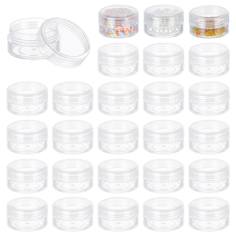 BENECREAT 30 Pack 15ml Empty Clear Plastic Bead Storage Container Jar With Rounded Screw-Top Lids For Beads, Nail Art, Glitter, Make Up, Cosmetics And Travel Cream (1.5"X0.8")