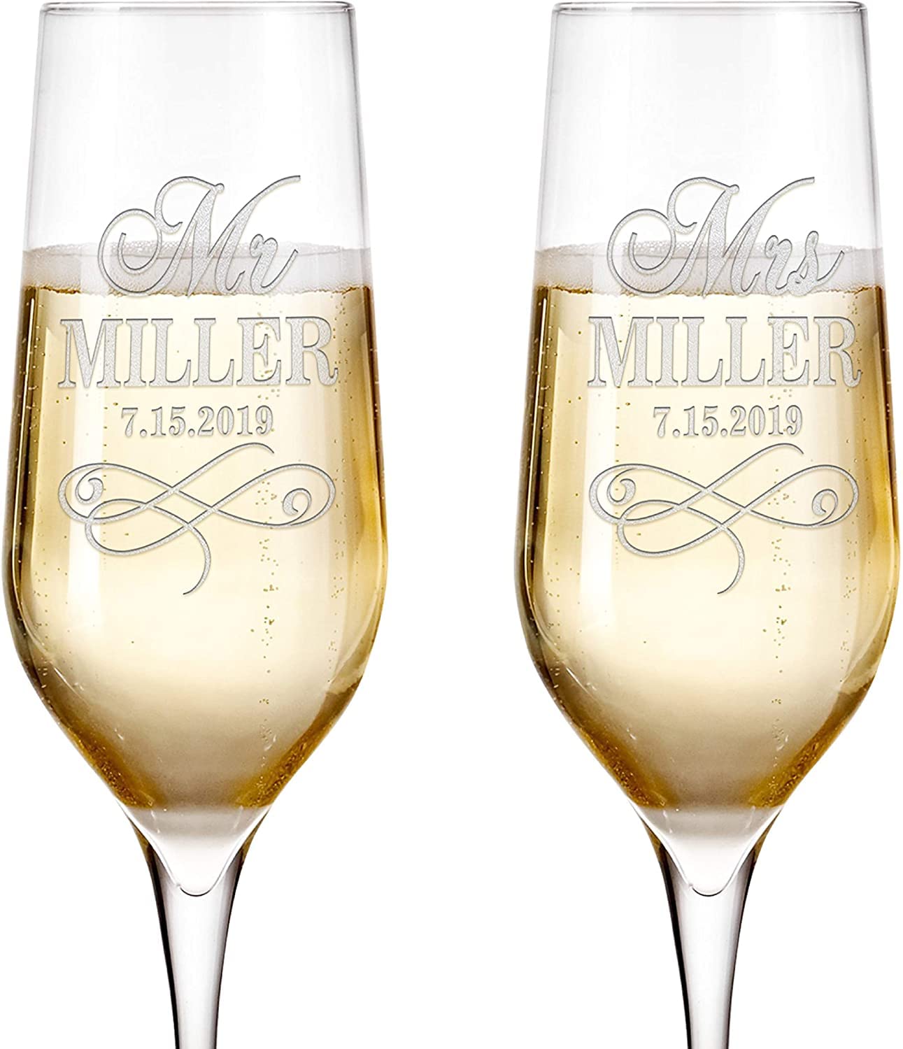 Set of 2, Personalized Mr Mrs Wedding Champagne Flutes - Bride and Groom Champagne Glasses w/Last Name and Date, Custom Engraved Champagne Glass | Wedding Toasting Glasses #2