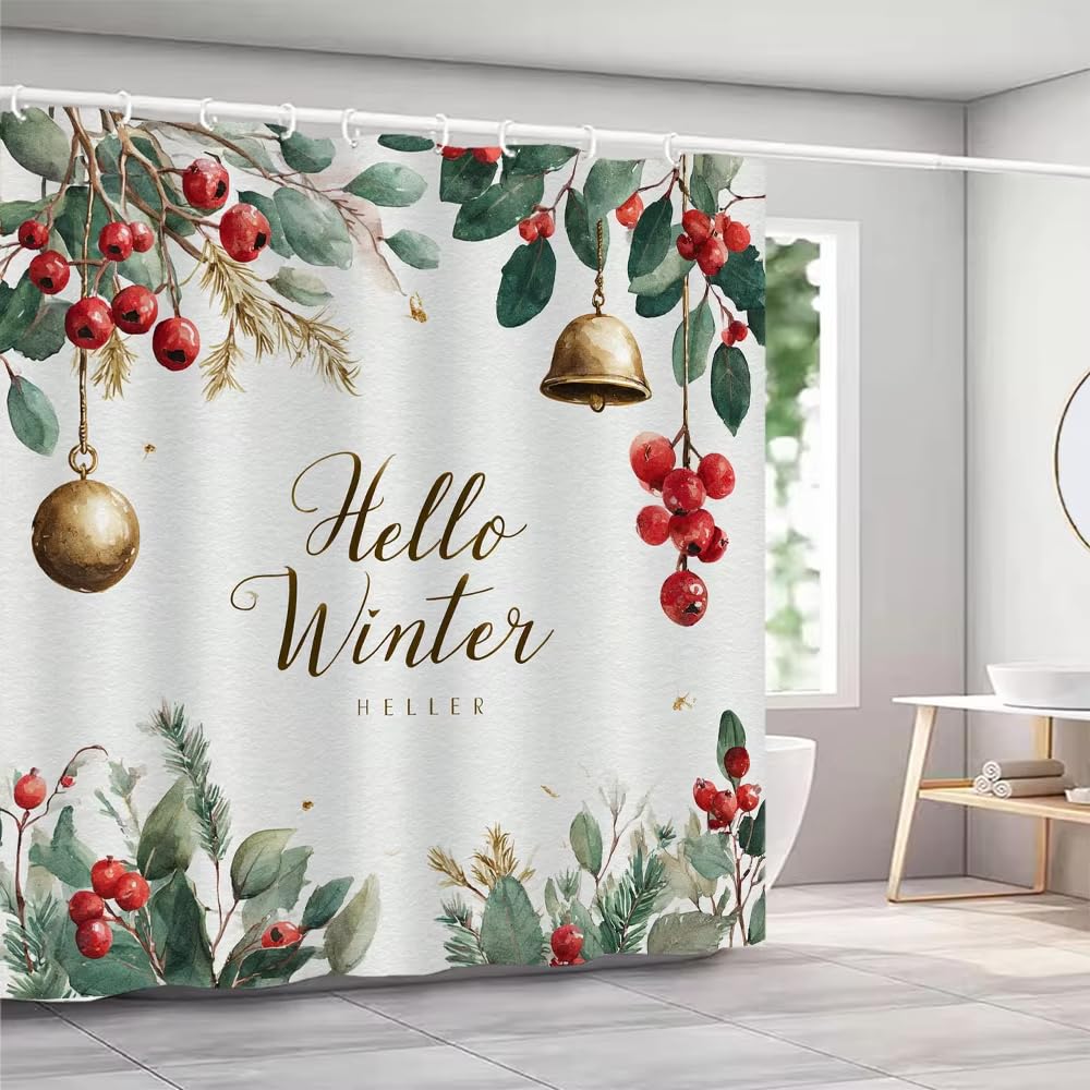 Cortina de Ducha de Invierno,Bayas Rojas,Follaje Verde y Campana Dorada para Baño de Niñas,Accesorios de Decoración Navideña para Baño con Ganchos de Plástico 240An X 200Al Cm (1 Paneles)