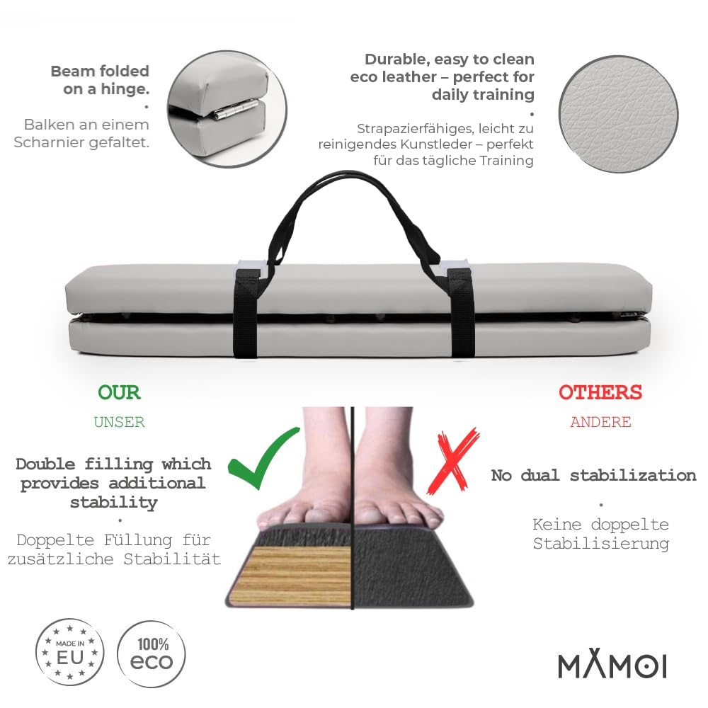 MAMOI® Gymnastikbalancebalken, klappbar, Kunstleder, 200 cm, rutschfest, weiche Oberfläche, Heimtraining, bis 180 kg Belastbarkeit
