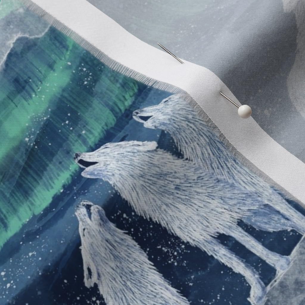 Spoonflower Fabric - Wolves Arctic Moon Night Aurea Borealis Barn Owl Snowflakes Stars Printed on Organic Cotton Sateen Fabric by The Yard - Sewing Quilting Apparel Home Decor