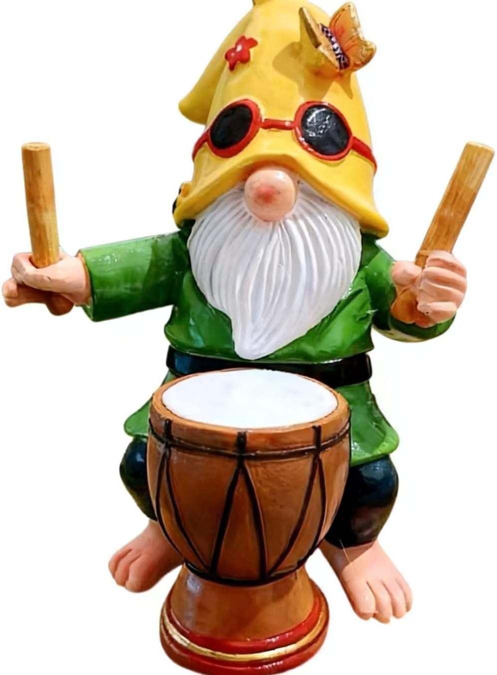Garden Gnome Outdoor Decorative Statue, Yellow Hat with Sunglasses, Green Outfit, Drummer Design for Patio and Lawn Decor - Image 3