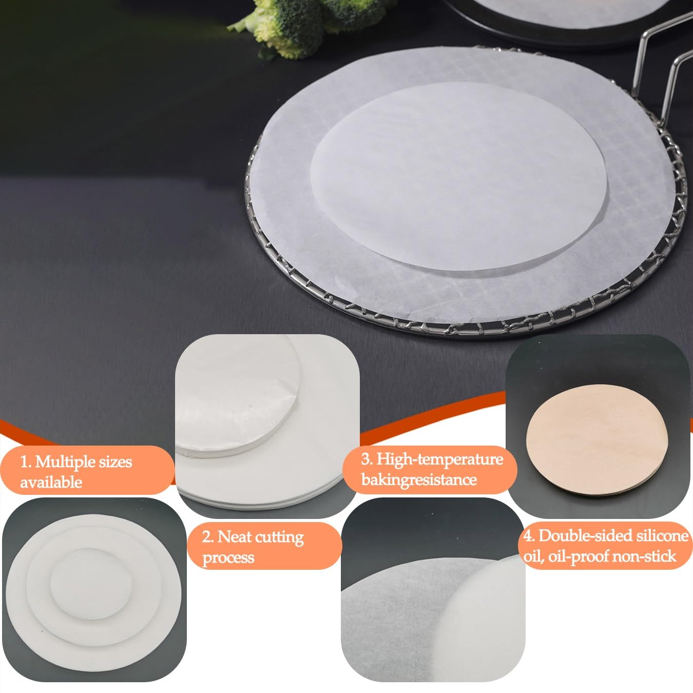 100 Stück rundes Backpapier, antihaftbeschichtet, fettdicht, Backpapier, Dampfgarer-Zinn-Einlagen, Luftfritteusen-Einsatz für Kuchen, Tortilla-Presse, Kekse, Grillen, Luftfritteuse
