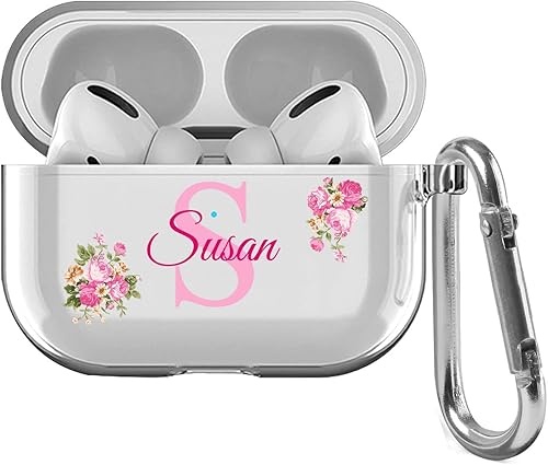 Miniatura 6 de Funda transparente para Airpods con nombre y inicial para Apple AirPod Pro y 3 generación, delgada, a prueba de golpes, transparente (flores azul