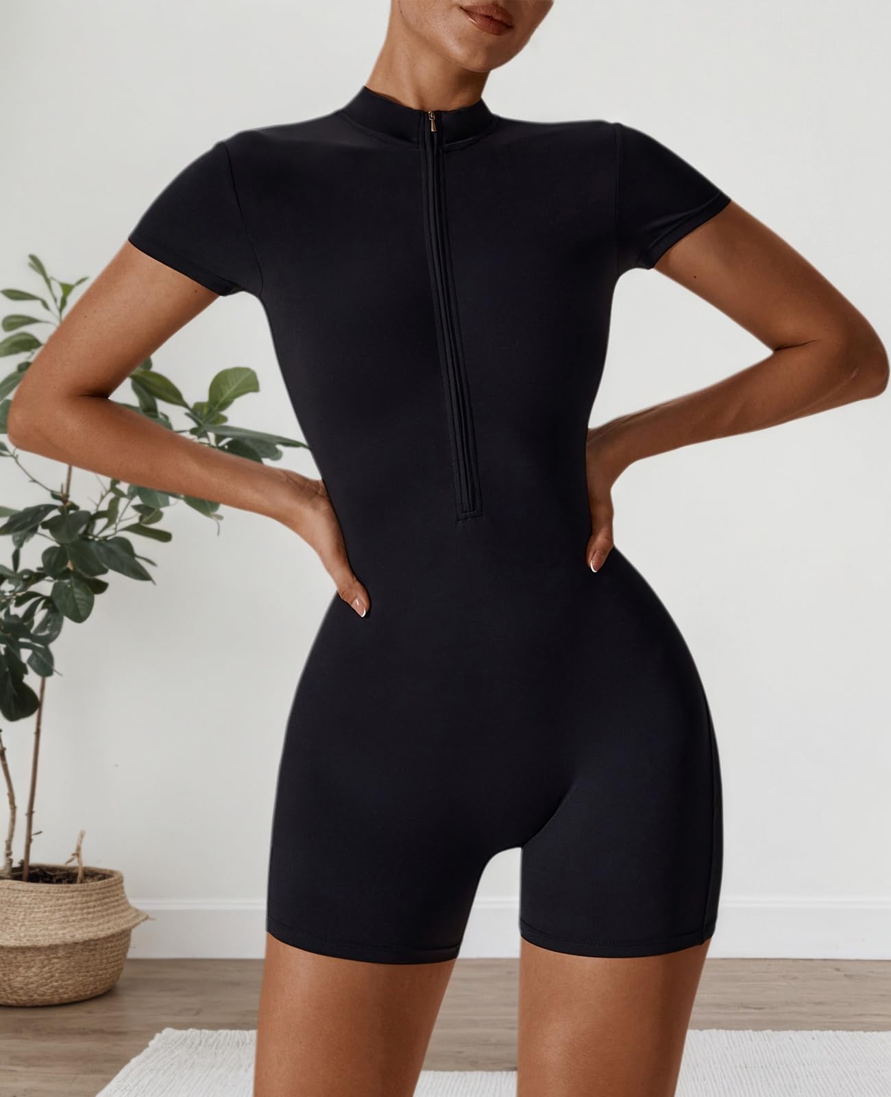 Ecupper Mono de Mujer con Cuello Alto y Cremallera con Estilo Español, Pantalones Cortos Enterizos Ajustados y Adelgazantes para Deporte y Ocio
