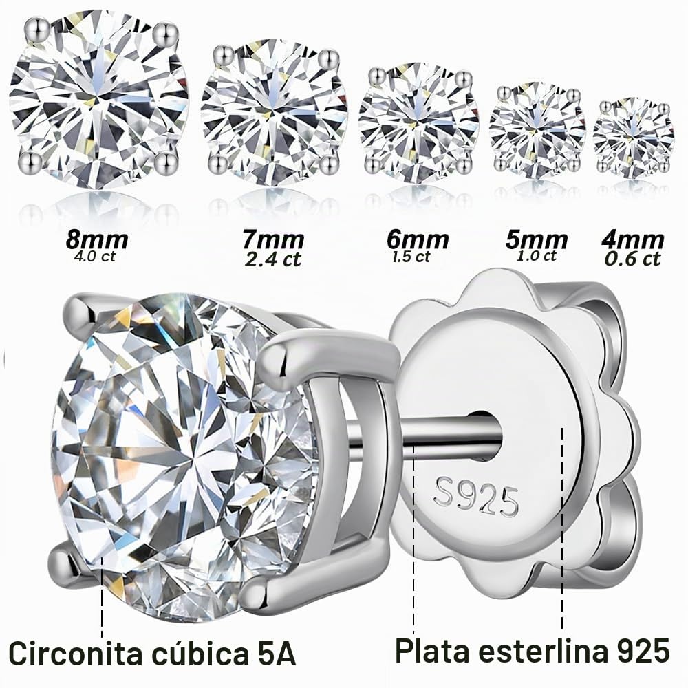 jiamiaoi Pendiente de plata de ley 925 para hombre mujer, Pendiente de diamantes con circonita 5A de 4 mm-8 mm, placa de oro blanco de 18 quilates