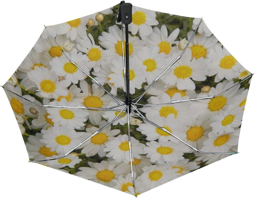 senya White Daisy Compact Travel Umbrella Sun and Rain Windproof Auto Open Close Folding Umbrella