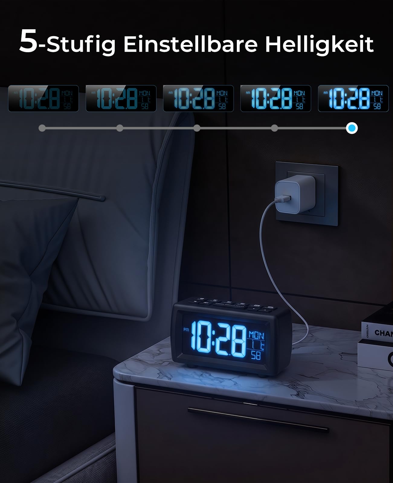 Digitaler Radiowecker, Wecker Radio mit 7-farbige Ziffernanzeige, Einstellbarer Helligkeit und Weckton, Für Tiefschläfer, Sleep Timer & Schlummerfunktion (Schwarz)