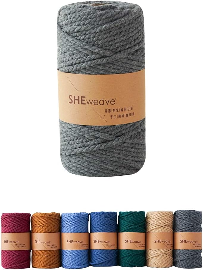 SHEweave Macrame Cord 4mm 55Yards(50M) 100% Natural Cotton Macrame Rope Cotton Cord Perfect Macrame Supplies for Wall Hanging Plant Hangers Crafts Knitting Decorative Projects (Charcoal Grey)