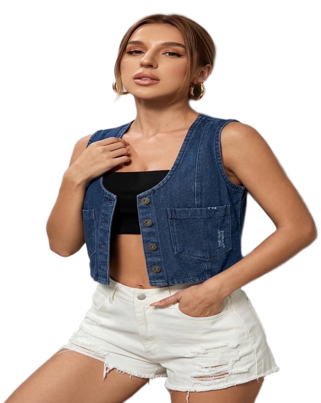 fashardor Women's Retro Denim Waistcoat - Cropped Button-Up Jean Vest Tank Top, Sleeveless Denim Jacket with Front Pockets for Casual Summer Outfits-picture-16