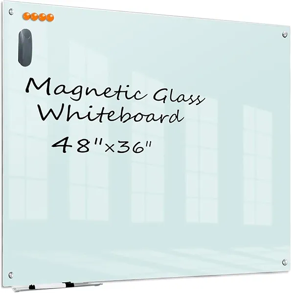 KIZZBY Glass Dry Erase White Board - Magnetic Boards for Wall, 48"x36" Large Frameless Whiteboard for Office, Home & School