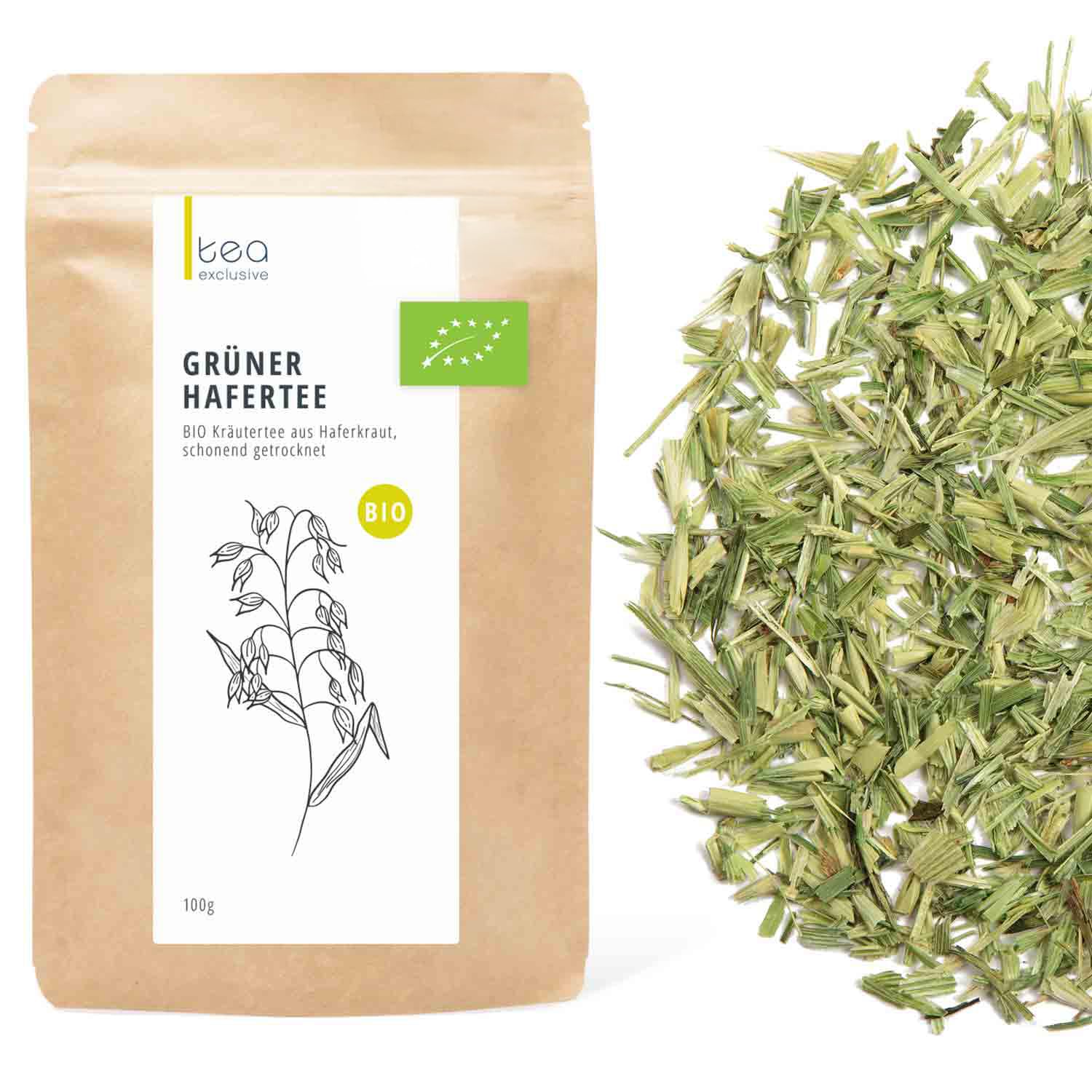 Grüner Hafer Tee, BIO, Grünhafer geschnitten, Premium Rohkost Qualität, Hafertee, für Trinkkuren, zum Fasten, 100g - tea exclusive