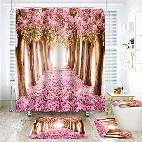 Sddser Pink Cherry Blossom Shower Curtain Set, 4Pcs Sakura Forest Bathroom Sets With Shower Curtain And Bath Mat, Toilet Lid Cover And U Shaped Rugs, 71" X 72" Bathtub Curtain With Hooks, Setpysd7 #TOP23