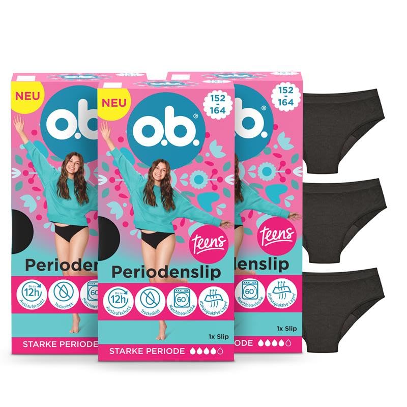 o.b. Teens Periodenslip in Größe 152-164 (3x S Slip) wiederverwendbare Periodenunterwäsche bei starker Menstruation für bis zu 12 Stunden Auslaufschutz