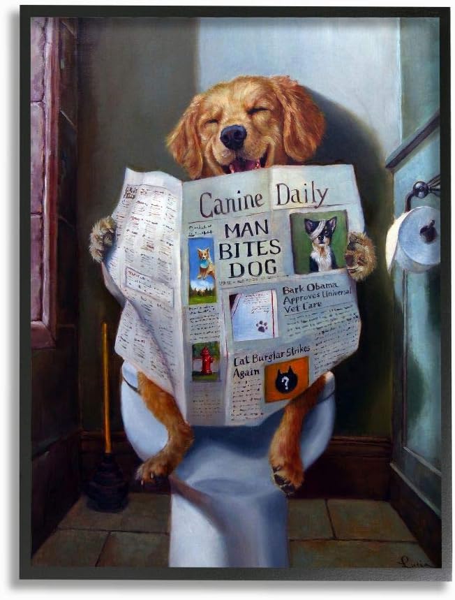 Stupell Industries 'Dog Reading Newspaper On Toilet', Framed Giclee Art, Black, 11 x 14 Inches, Easy to Hang and Sturdy, Made in USA, by Lucia Heffernan