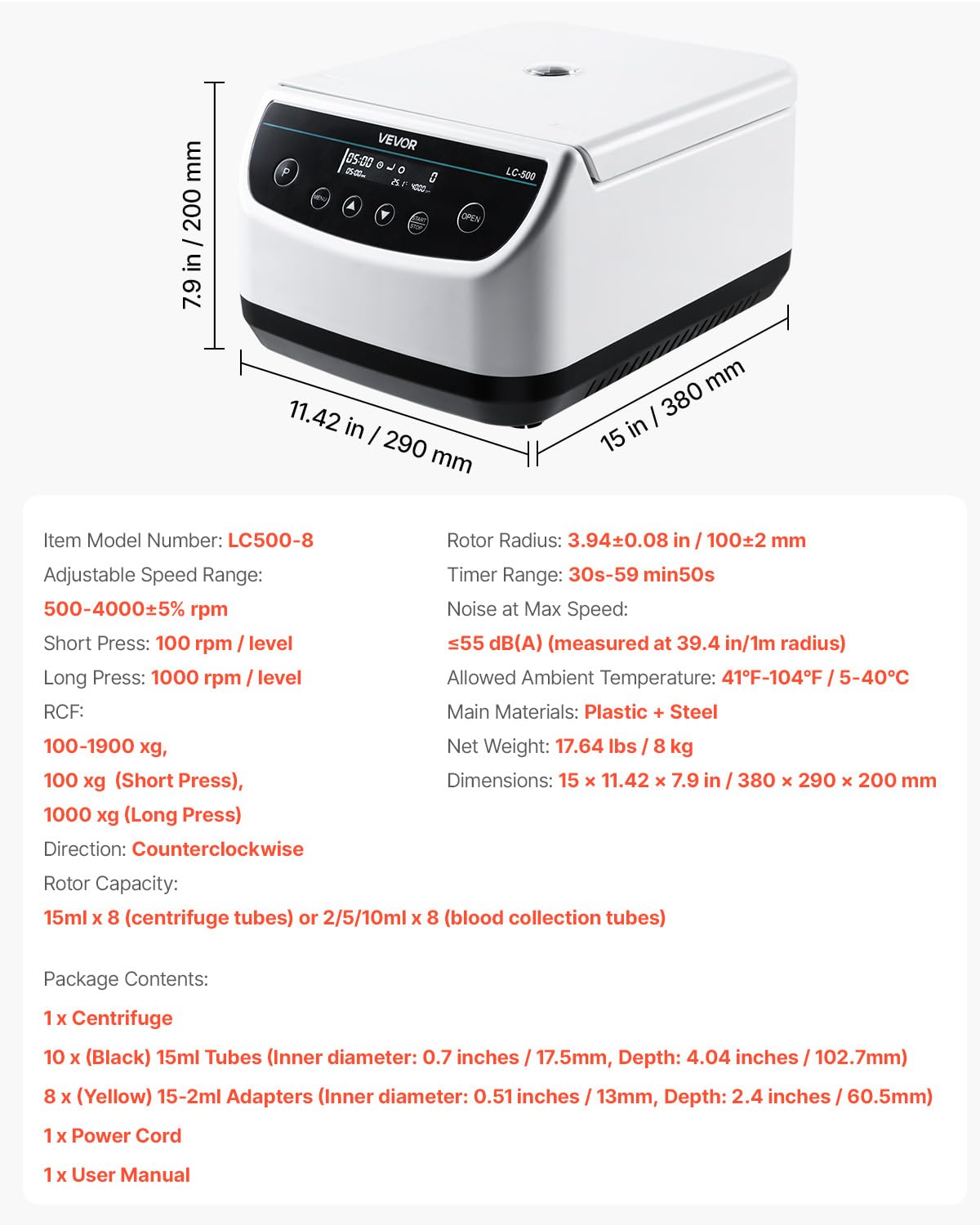 VEVOR Centrifuga da Laboratorio Elettrica 100-1900 xg RCF con Rotore per Provette da 2/5/10/15 ml, Velocità Regolabile da 500 a 4000 Giri/min, Bassa Rumorosità per Esperimenti di Laboratorio