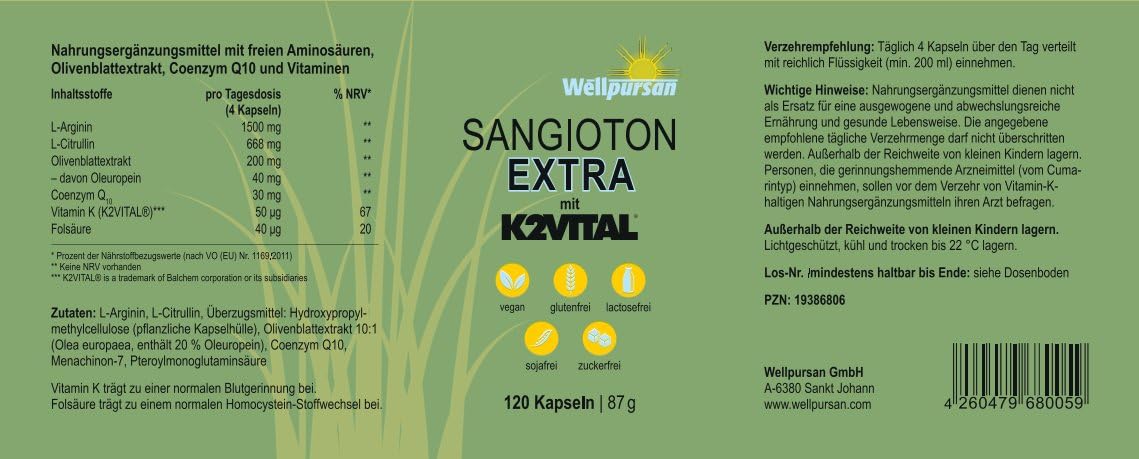 Wellpursan Sangioton Extra, 240 Stück, hochwertige L-Arginin Kapseln hochdosiert mit L-Citrullin, Olivenblatt, Coenzym Q10,Vitamin K2, 100% Vegan, frei von Zusätzen