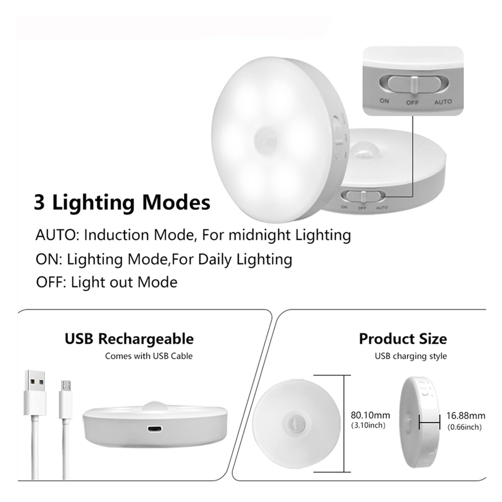 Led Okrągły Czujnik Światła Nocnego Lampki Nocne USB Ładowanie LED Szafka Kinkiet Do Szafy Oświetlenia Szafki W Korytarzu Domu Czujnik Ruchu(Warm white,3 Pcs)