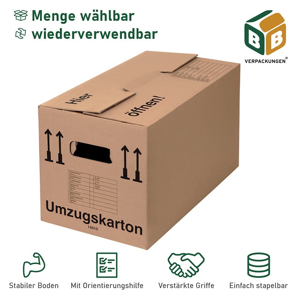BB-Verpackungen Umzugskarton Spedition 650 x 350 x 370 mm (extrem stabil, 2-wellig, doppelter Boden, Speditionsqualität, belastbar) - Sets zwischen 10 und 150 Stück (10)