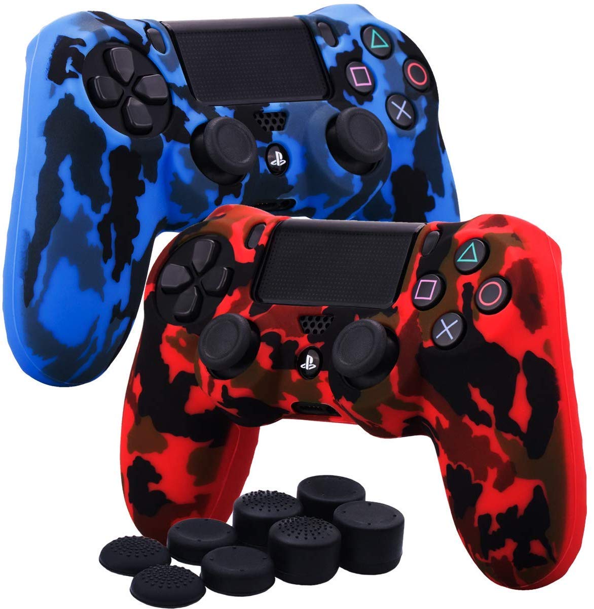 Kono Water Transfer Printing Camouflage Silicone Cover Skin Case for Sony PS4/slim/Pro Dualshock 4 controller x 2(red+blue) With Pro thumb grips x 8