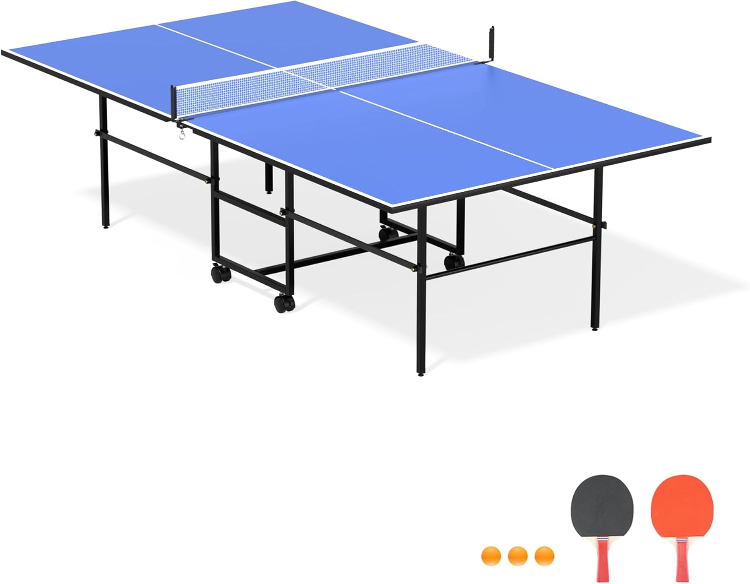 9ft Mid-Size Folding Rolling Ping Pong, Foldable & Portable Ping Pong Table Set for Indoor Games with Net, 2 Table Tennis Paddles and 3 Balls, Size 108 * 60 * 30Inch