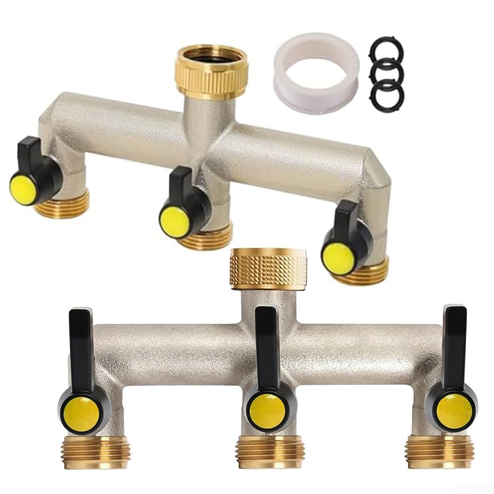 Divisor de grifo de jardín de latón, grifo de 3 vías, kit de distribuidor de agua de latón con adaptador de manguera y cinta para garajes, mangueras de jardín de riego (UE)