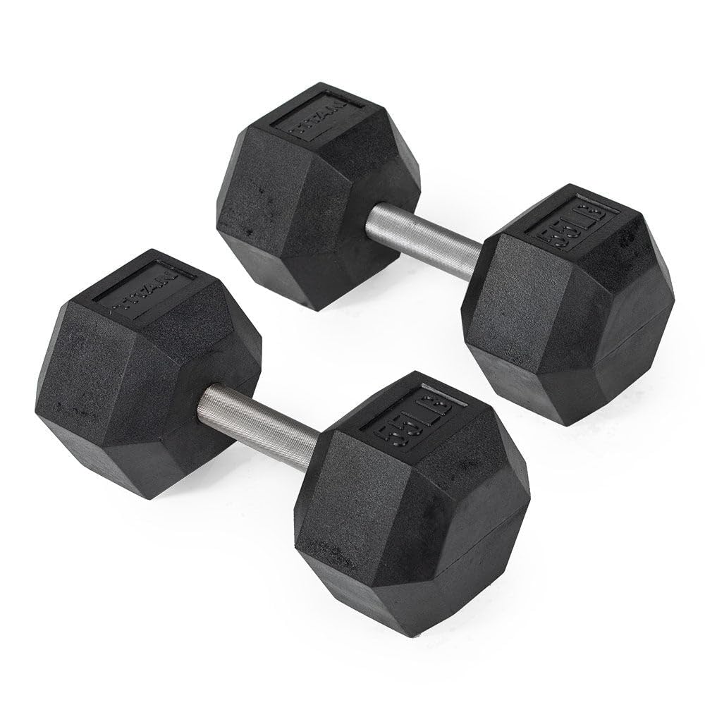 Titan Fitness 55 LB Pair Free Weights Black Rubber Coated Hex Dumbbell Straight Stainless Steel Handle Strength Training