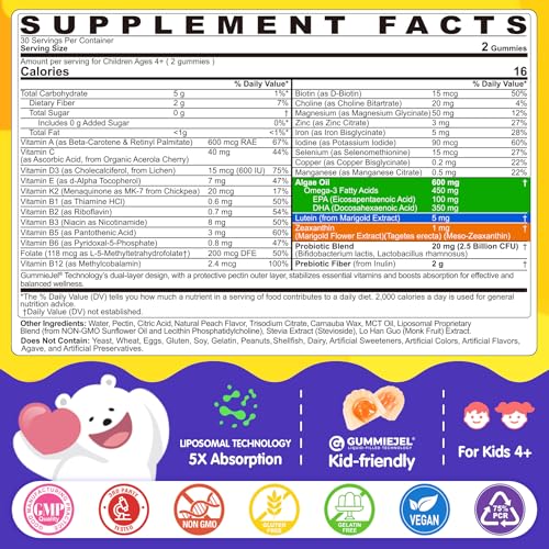 Image of Kids Multivitamin Gummies + Iron, Kids Focus Gummies with Omega-3, Brain Attention Supplements, Memory, Vision, w / Lutein, Methylated Folate & B12, Probiotics, Fiber, Children Vitamins for Growth 2P
