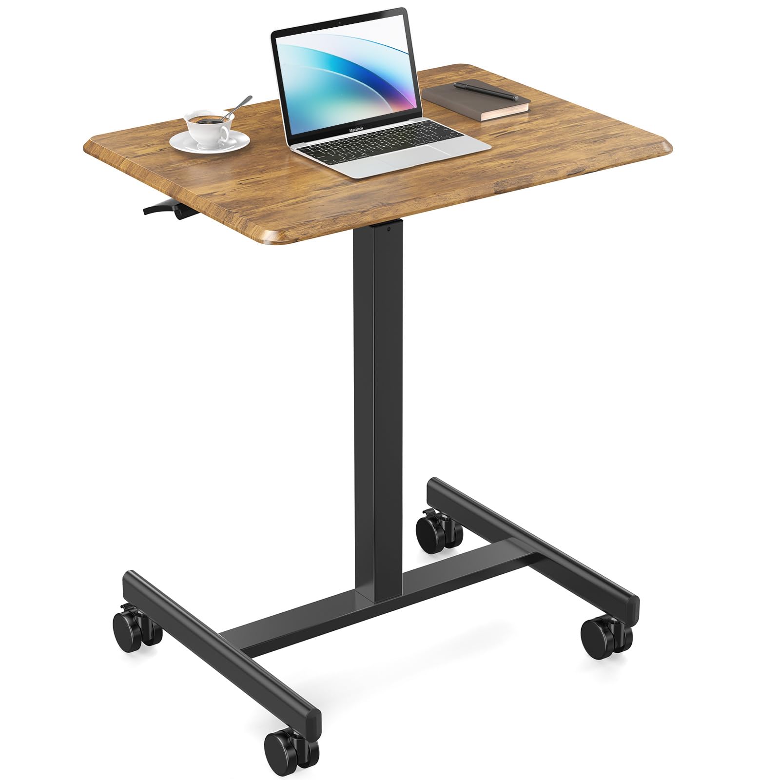 Sweetcrispy Small Mobile Standing Desk, Rolling Laptop Computer Carts, Portable Laptop Desk with Wheels, Adjustable Height Table for Home Office, Brown