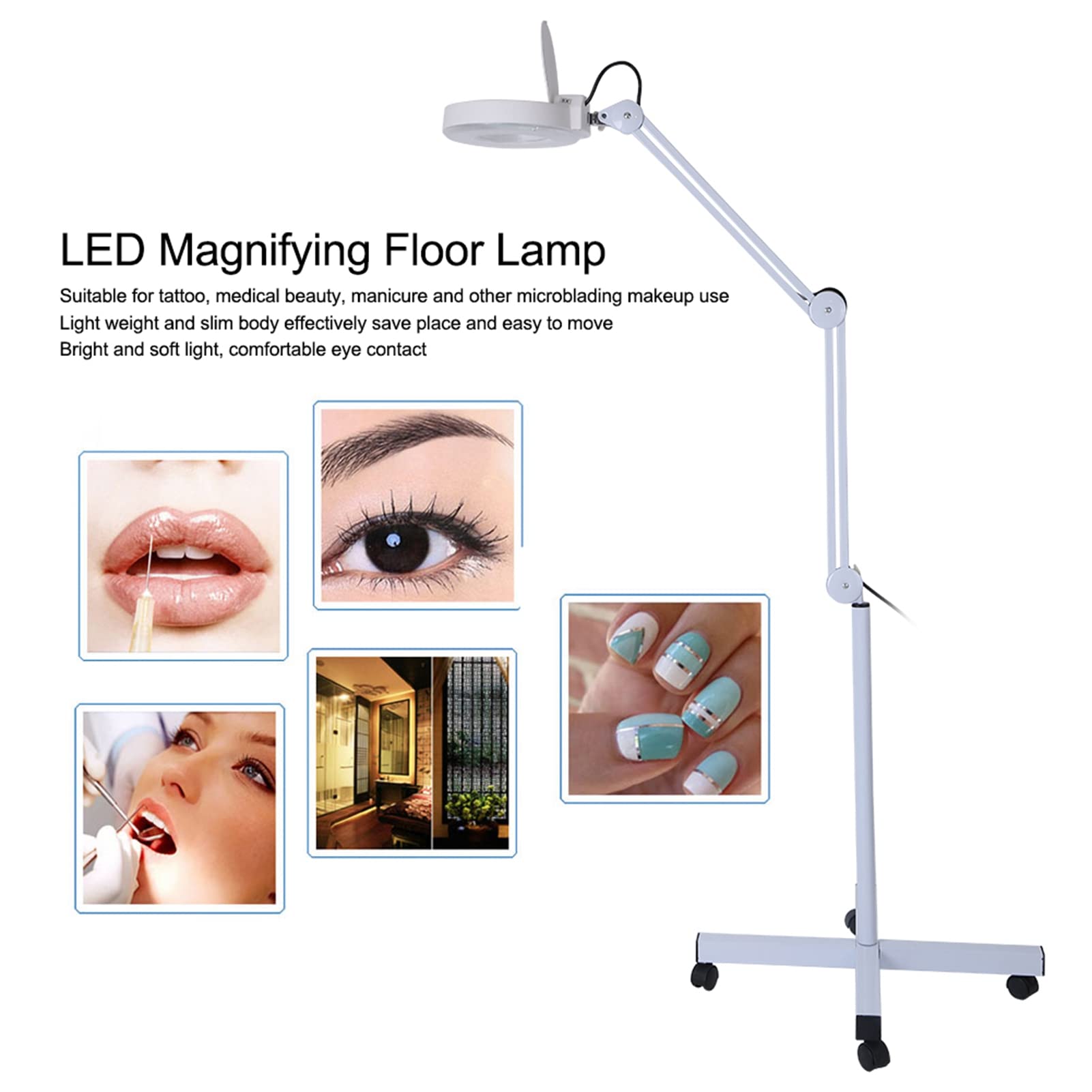 Ausla Lámpara De Lupa De Pie, Lámpara De Lupa De Piso Blanca 220-240V De Pie Para Spa Para Uñas Para Tatuajes