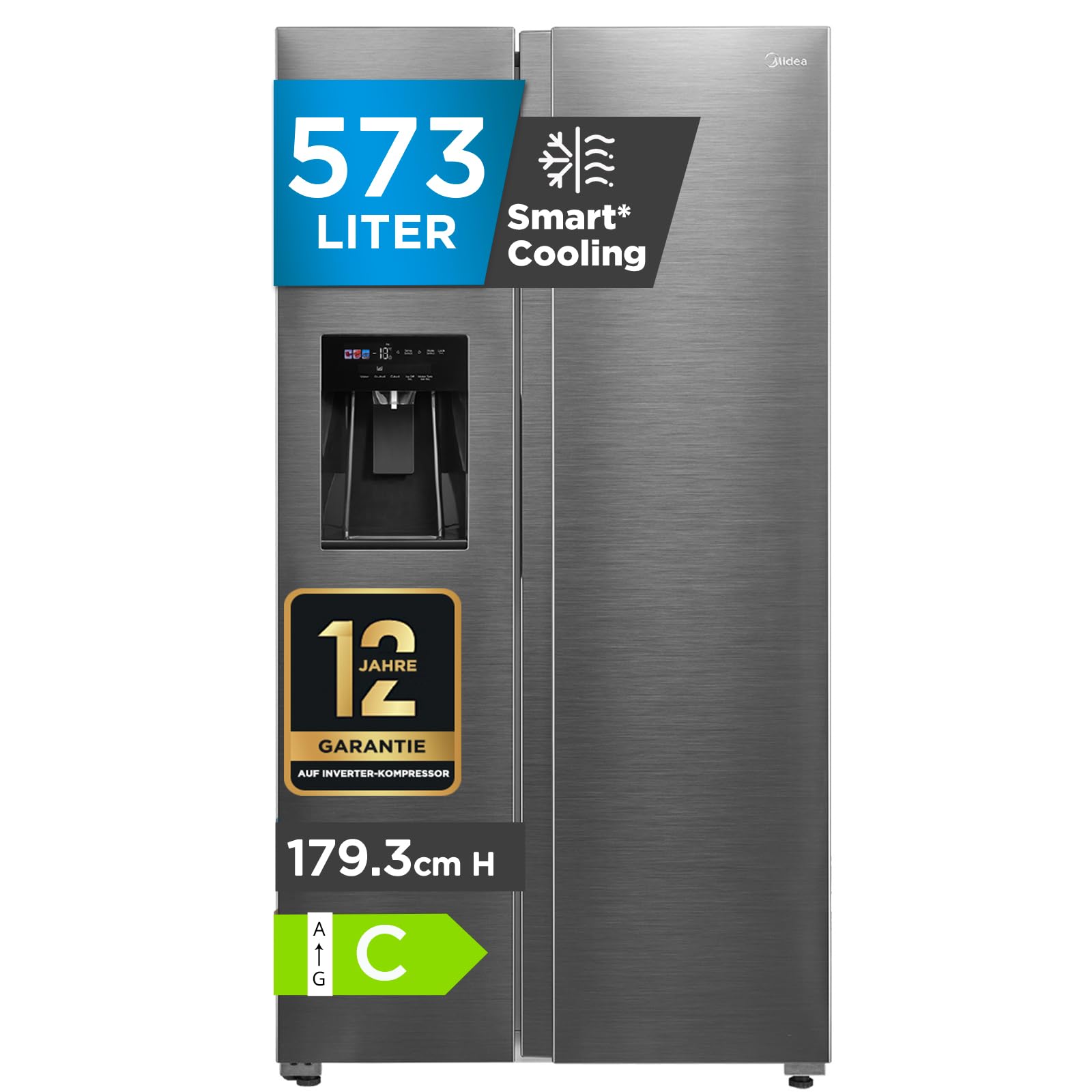 Midea MDRS761MYC46 Side-by-Side Kühl-/Gefrierkombination/No Frost/3in1 Wasser-/Eisspender und Wassertank/Dual Inverter Compressor/179,3 cm Höhe/573L Gesamtvolumen/208 kWh/Jahr/Rostfreier Stahl