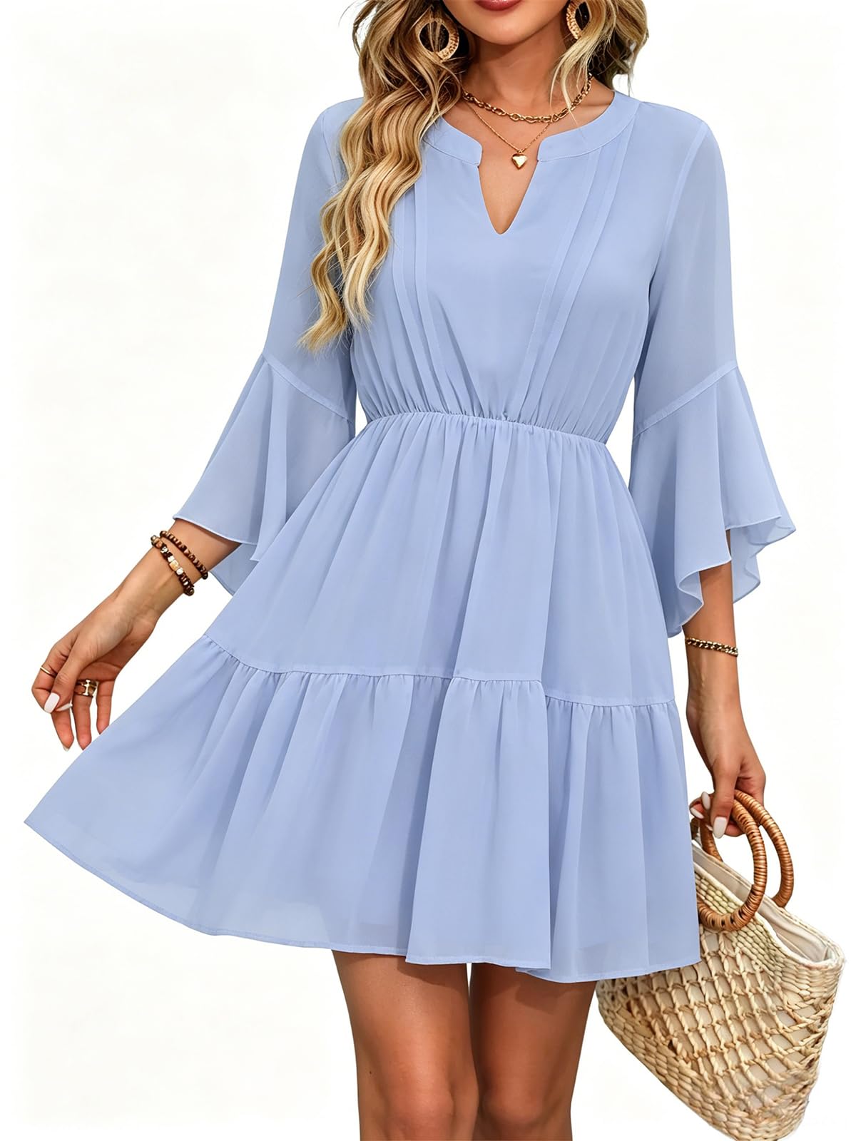 Womens Spring Summer Mini Dress Western Ruffled Sleeve Chiffon V Neck Flowy A Line Short Wedding Guest Party Dresses