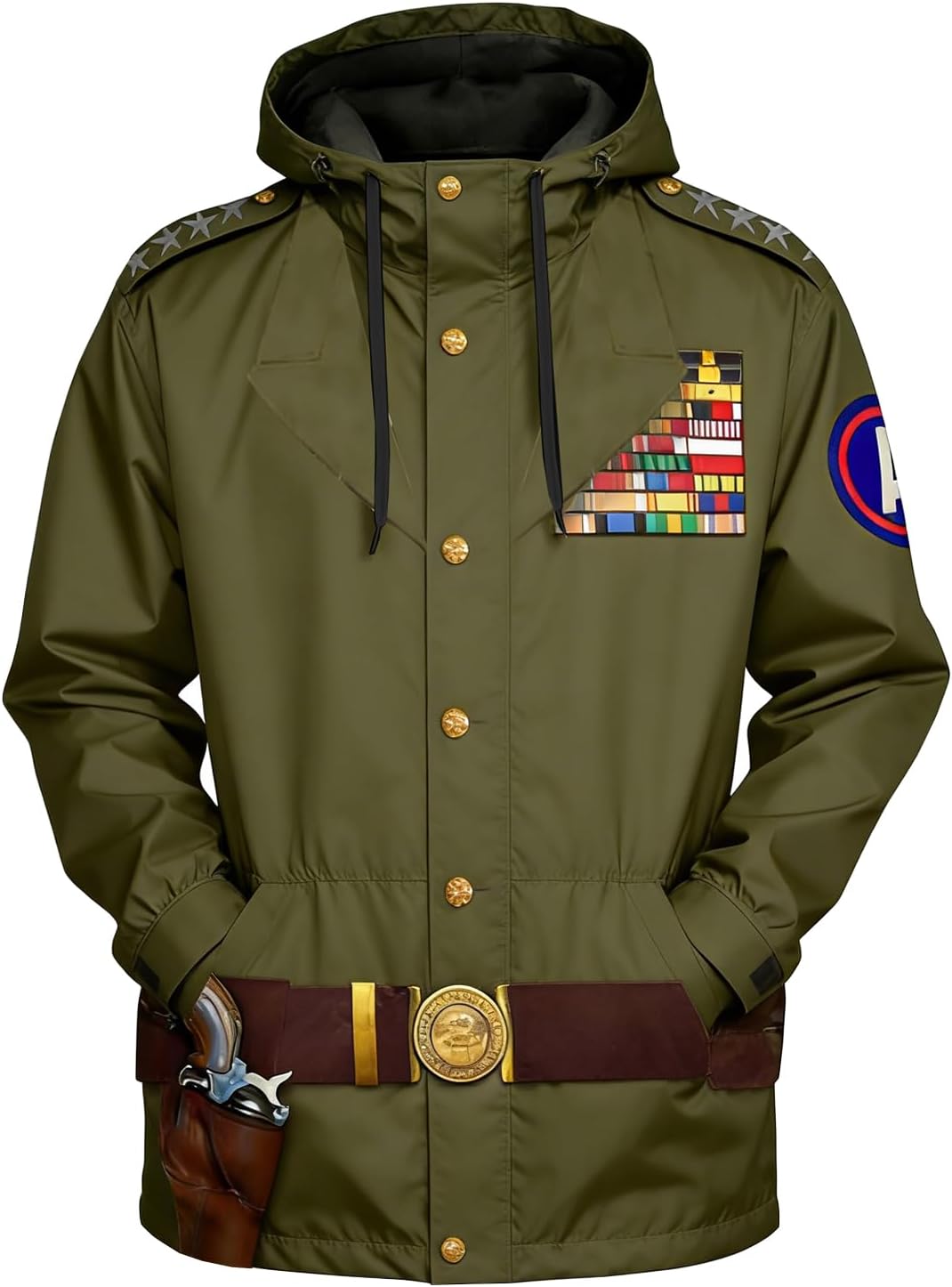 Historical Military Printed Waterproof Hooded Jacket Windbreaker Lightweight Raincoat for Outdoor Hiking Travel