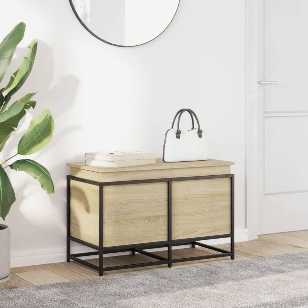 Homgoday Caja con tapa de roble Sonoma, 80 x 40 x 51,5 cm, aglomerado, muebles de baúles y baúles, contenedor de jardín, porta herramientas de jardín, puf de exterior, baúl de exterior