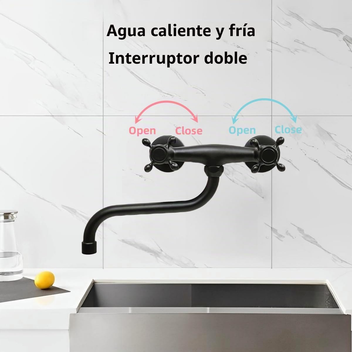 Grifo Cocina de Pared Negro con Dos Manijas | Mezclador fregadero de pared negro latón, giratorio 180°, boquilla en S, agua fría y caliente, para cocina y lavabo baño