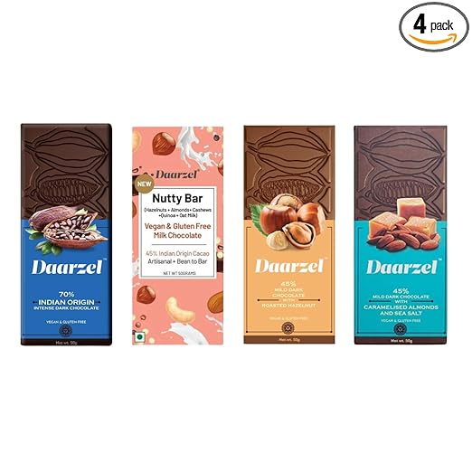 Daarzel Vegan & Gulten Free Dark Gift Pack with 70% & 45% Cocoa, Nutty bar, Roasted Hazelnut, Caramelised Almond, Indian Origin Dark Chocolate , Gluten Free Gift Box
