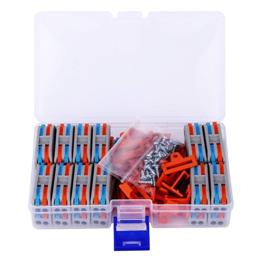 Walfront 48Pcs 2 Way Wiring Connector, Wire Connector Conductor Terminal Block with Bracket Screws for 11~28AWG Hard Wire