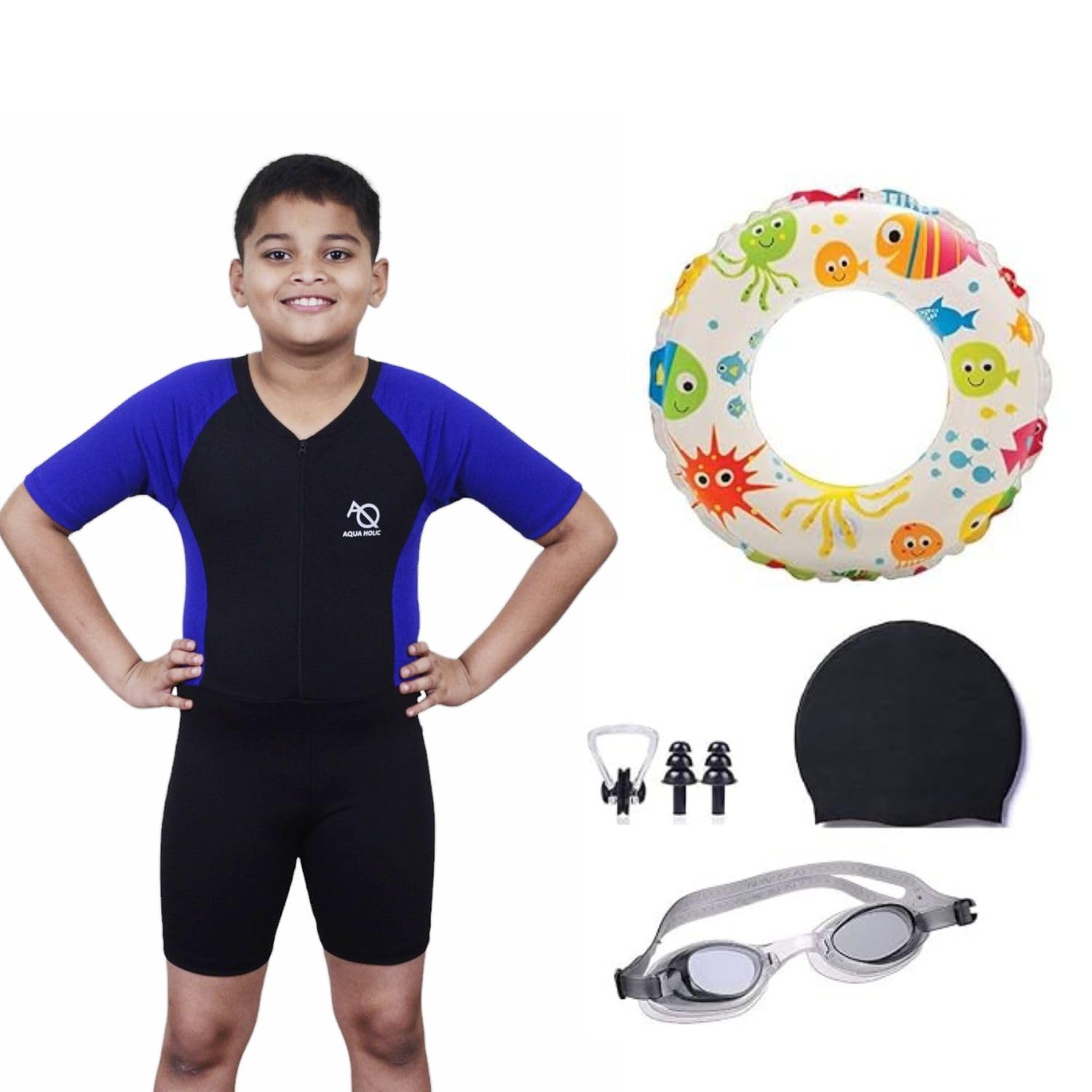 Aqua Holic Swimming Kit with 1 Printed Swimming Half Suit| Costume | with 1 Anti Fog Swimming Goggles, Swimming Cap,1 Nose Clip, 2 Ear Plugs,1 Swimming Ring(Tube) for Boys Multicolour