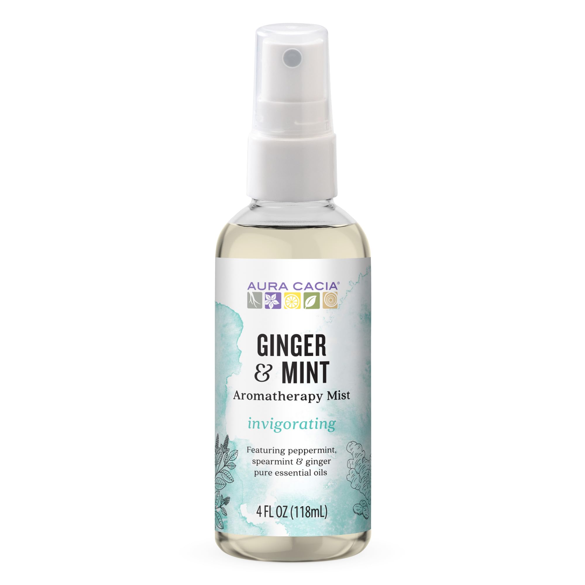 Aura Cacia Ginger and Mint Aromatherapy Mist, Invigorating Essential Oil Blend for Refreshing Rooms, Body Sprays, Aromatherapy | 4 Fl Oz (Pack of 1)
