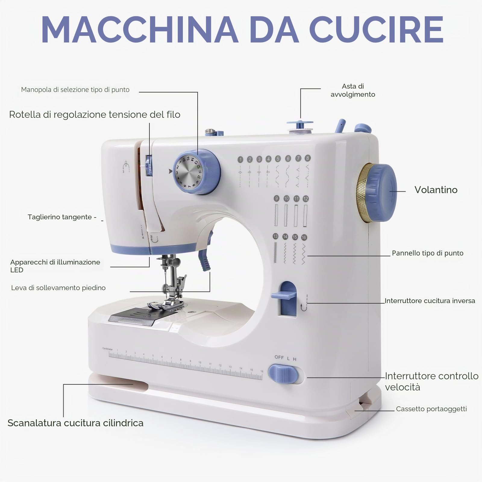 Qoosea Macchina da Cucire Elettronica, 16 Punti di Cucitura Mini Macchina da Cucire per Principianti e Bambini, Cucitrice Portatile per Tessuti con Luce LED e Kit di Attrezzi, Viola