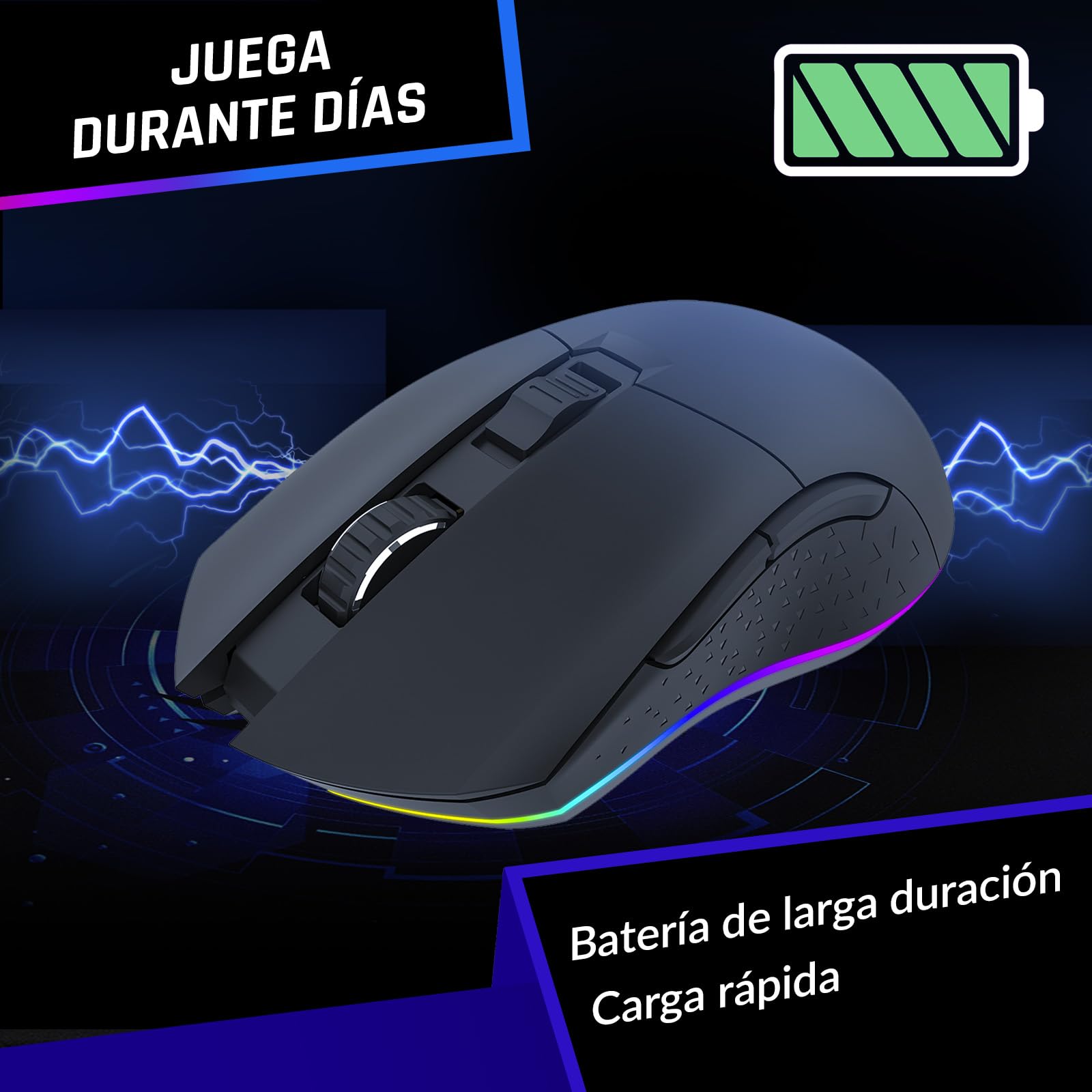 KLIM Blaze Ratón Gaming Inalámbrico RGB Recargable, hasta 10000 dpi | Botones Probados para 20 Millones de Clics, Laterales Antideslizantes Adaptables a Cualquier Agarre, Negro