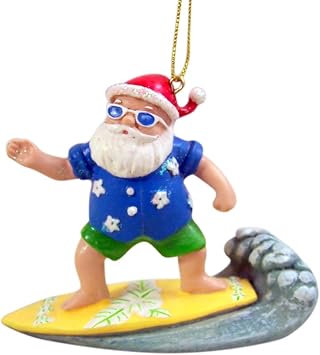 Cast Resin Painted Surfing Santa Claus Hanging Christmas Tree Ornament, 3 1/2 Inch